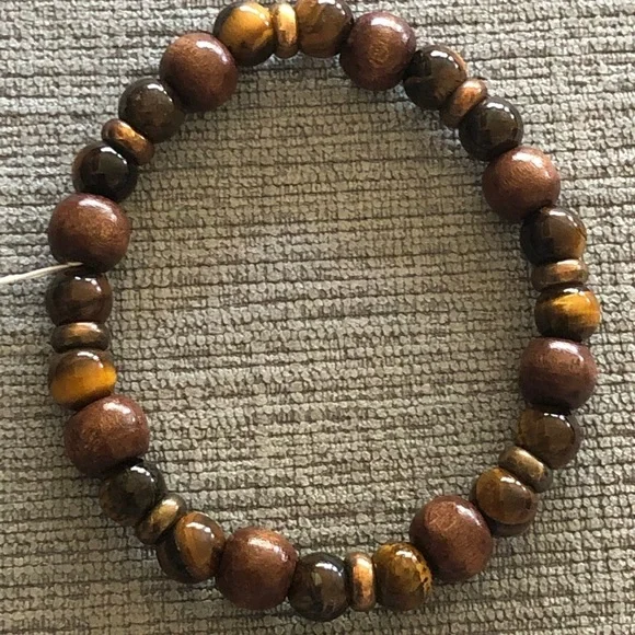 COPY - Handmade Tiger’s Eye & Wood Bead Stretch Bracelet w/ Gold Spacers – Unis… - Picture 1 of 4